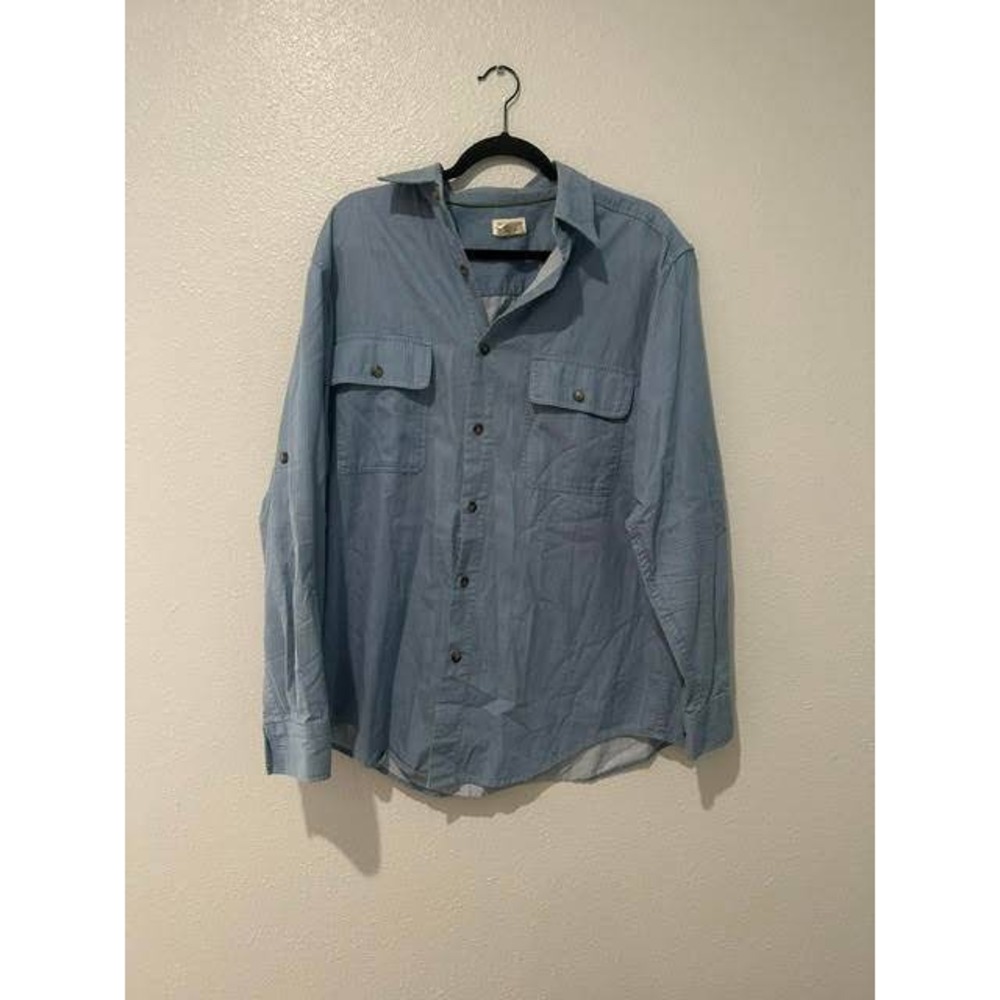 St Johns Bay Organics Mens Medium Blue Herringbone Organic Cotton Button Up